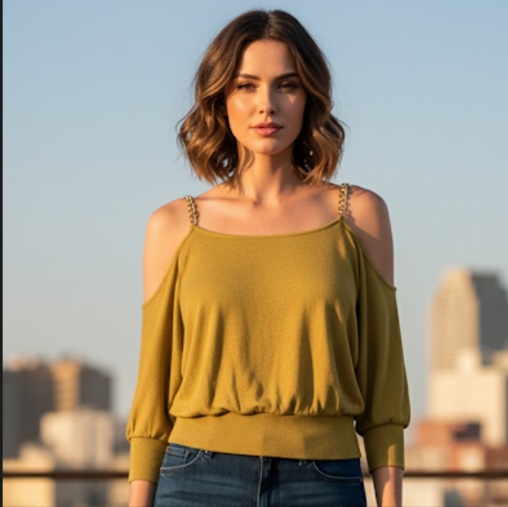 Gold Off the Shoulder Three Quarter Sleeve Sweater